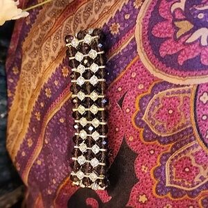 Stretch Purple Glass Rondele & Rhinestone Silver Tone Bracelet